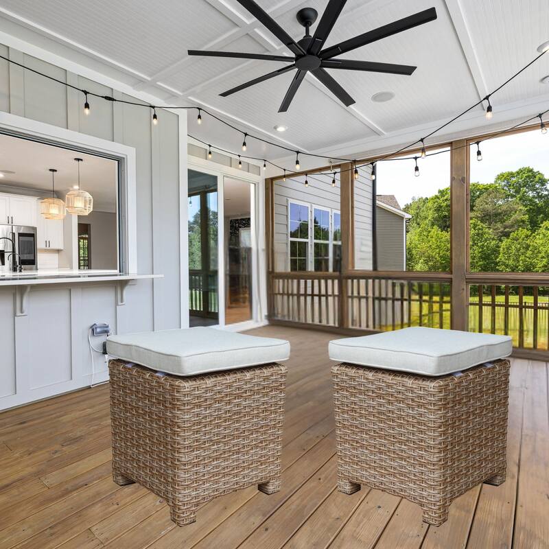 Outdoor Set of Two Wicker Stools with Cushions