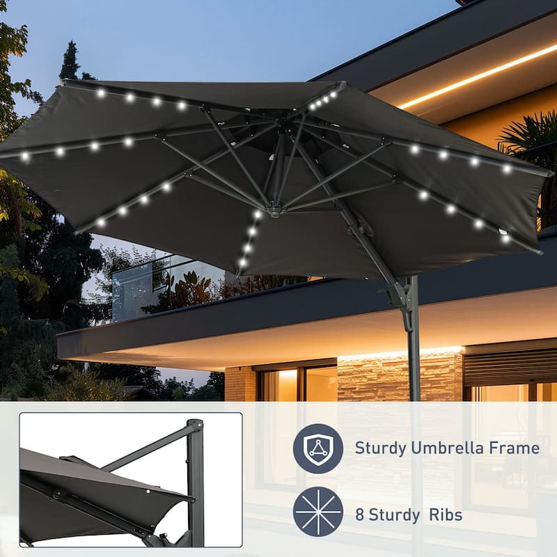 Autlaycil 10FT Cantilever Patio Umbrella with Solar Lights Included Base 360 Rotation Large Offset Hanging Outdoor Shade