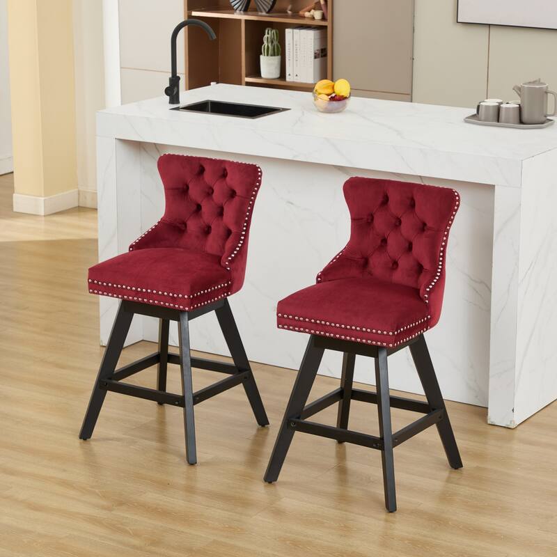Velvet Swivel Bar Stools Set of 2, Button Tufted Rivet Trim Dining Room Chairs, Kitchen Stools with Wooden Legs
