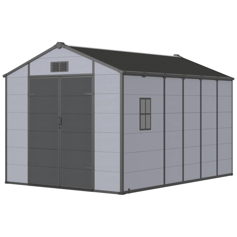 EROMMY Outdoor Storage Shed with Built-In Floor, Lockable Double Doors & Sloped Roof, Gray/Black