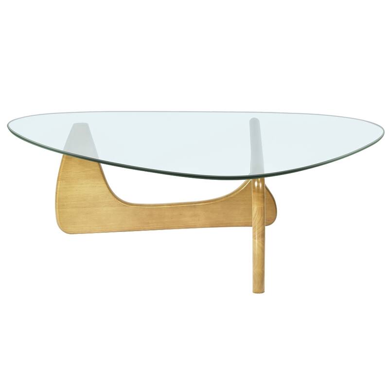 Triangle Glass Coffee Table with Solid Wood Base for Living Room