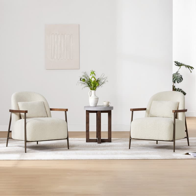 Spruce & Spring Anthony Modern Upholstered Faux Sherpa Chair with Wood Arms&Metal Legs