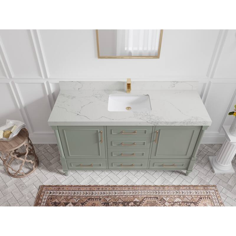 Willow Collections 60 in. W x 22 in. D Aberdeen Single Bowl Sink Bathroom Vanity with Countertop - 2" Calacatta Nuvo - Evergreen