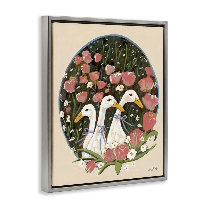 Stupell Ducks with Cottage Blooms Framed Floater Canvas Wall Art Design By Sara Baker