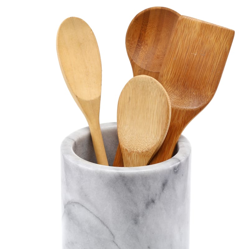 Creative Home Natural Off-White Marble Multi-Functional Tool Crock, Utensil Holder, Counter Top Organizer, 5" Diam. x 7" H