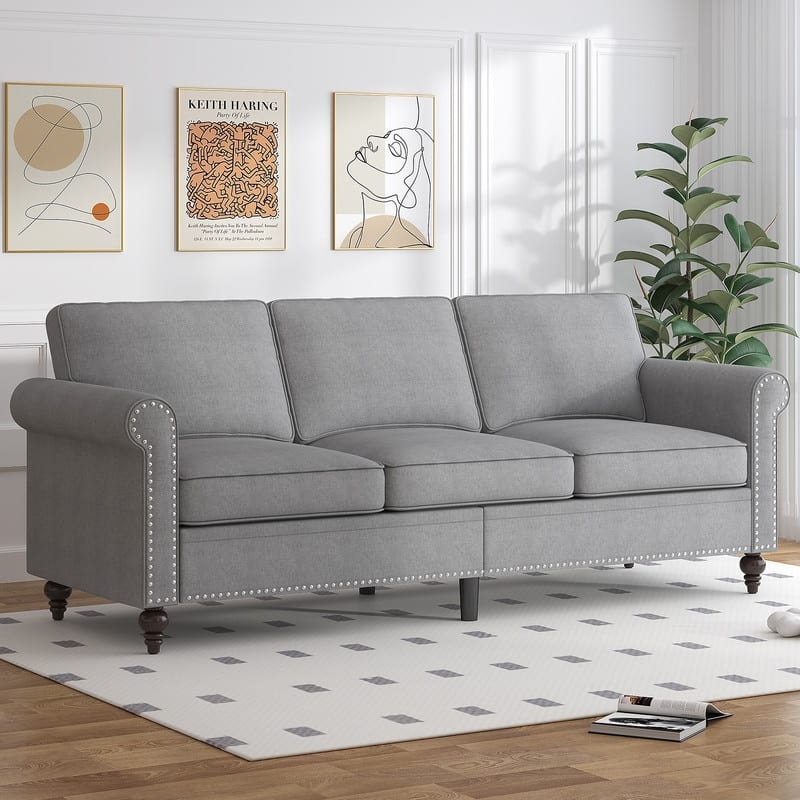 Mixoy 2 Piece Living Room Sofa Set with Rivet Design,Linen 3-Seater Sofa Couch,Loveseat Sofa/Single Sofa Chair