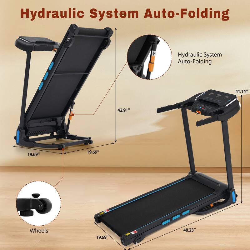 3.5HP Hydraulic System Auto Foldable Treadmill with Incline,10MPH 350Lbs Weight Capacity Electric Treadmills
