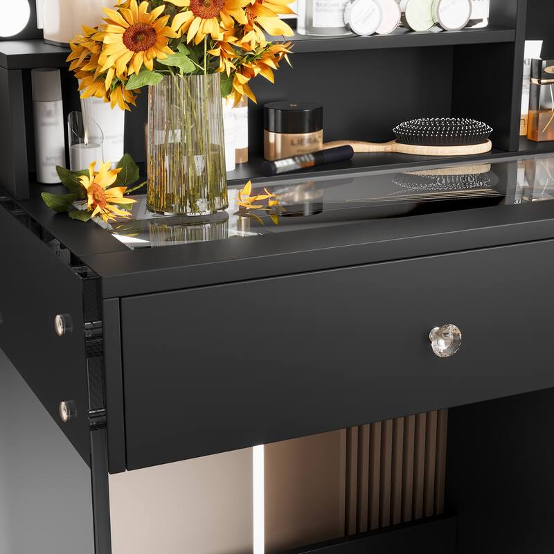 Vanity Desk with Mirror & Lights, Glass Top Dressing Table, Makeup Table with Charging Station, 2 Drawers & Cabinet