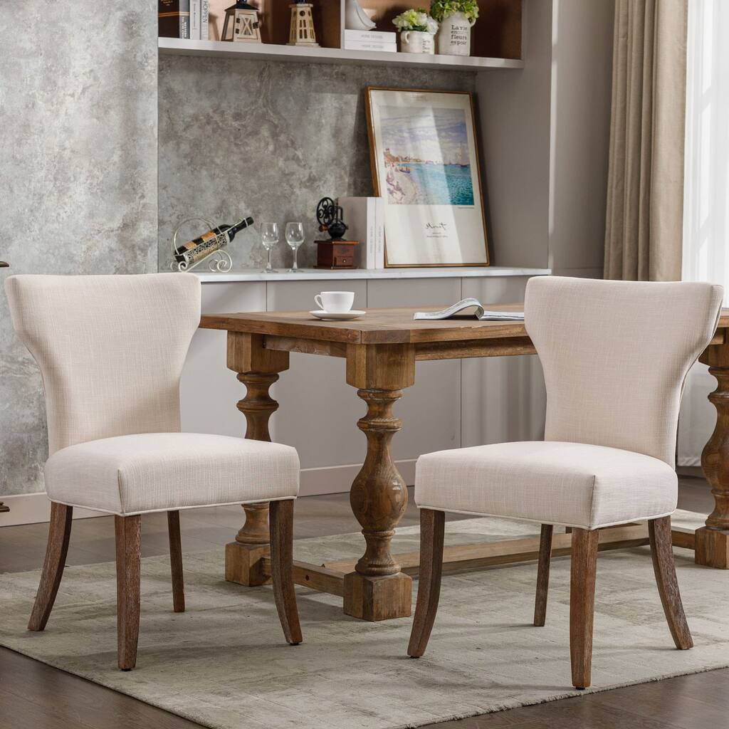 Upholstered Farmhouse Dining Chairs with Padded Back, Linen Modern Dining Chairs with White Wash Wood Legs, Set of 2, Cream