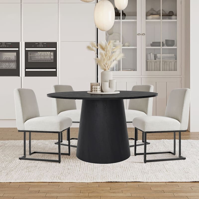 Chenille Upholstered Dining Chair with Black Metal Legs - Set of 4 - Cream-4-piece