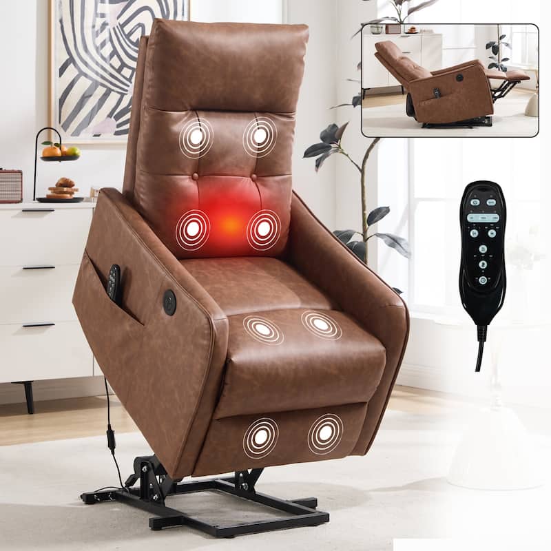 PU Leather Recliner with Single Motor Lift Massage Heat and 155 Degree Recline - Brown