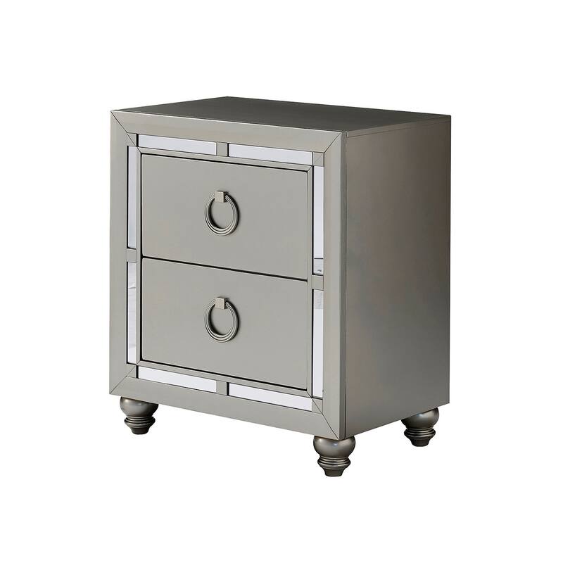 Silver Nightstand with Mirror Accents and Spacious Drawers