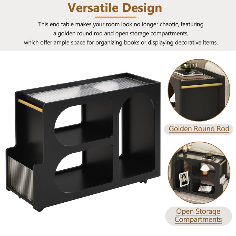 End Table with Storage, Side Table with Lockable Wheels/Golden Round Rod