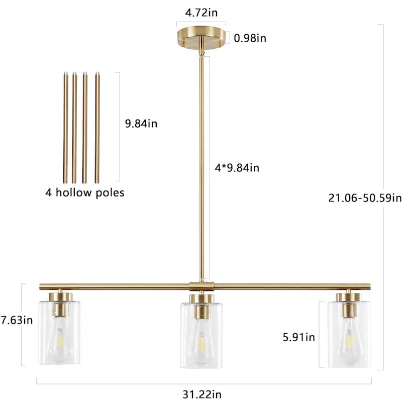 3-Light Kitchen Island Pendant Light with Bubble Glass Shade, Classic Semi Flush Mount Chandelier for Dining Room Living Room