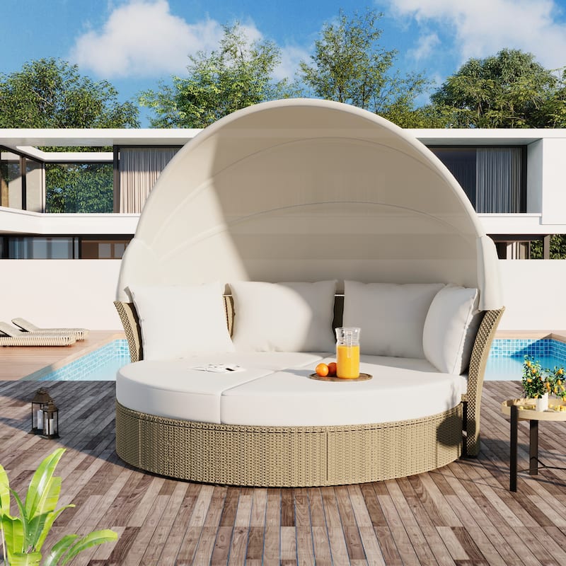 Outdoor Patio Daybed, Wicker Rattan Sofa Furniture Set w/ Retractable Canopy, for Lawn, Garden, Backyard or Pool - Beige