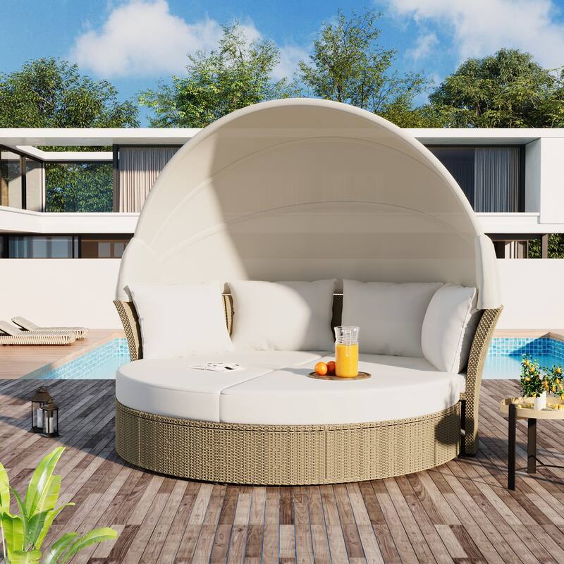Wicker Rattan Daybed Round Sofa Set with Retractable Canopy and 4 Pillows, Convertible Sofa Bed with 2 Ottoman Chaise Lounge
