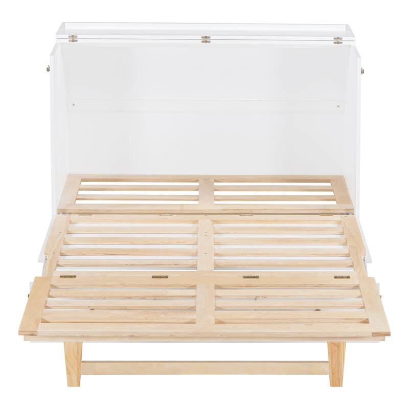 Full Size Murphy Bed Hidden Cabinet Bed with Drawer Underneath and Rattan Patterned, Clever Space Utilization Classic White