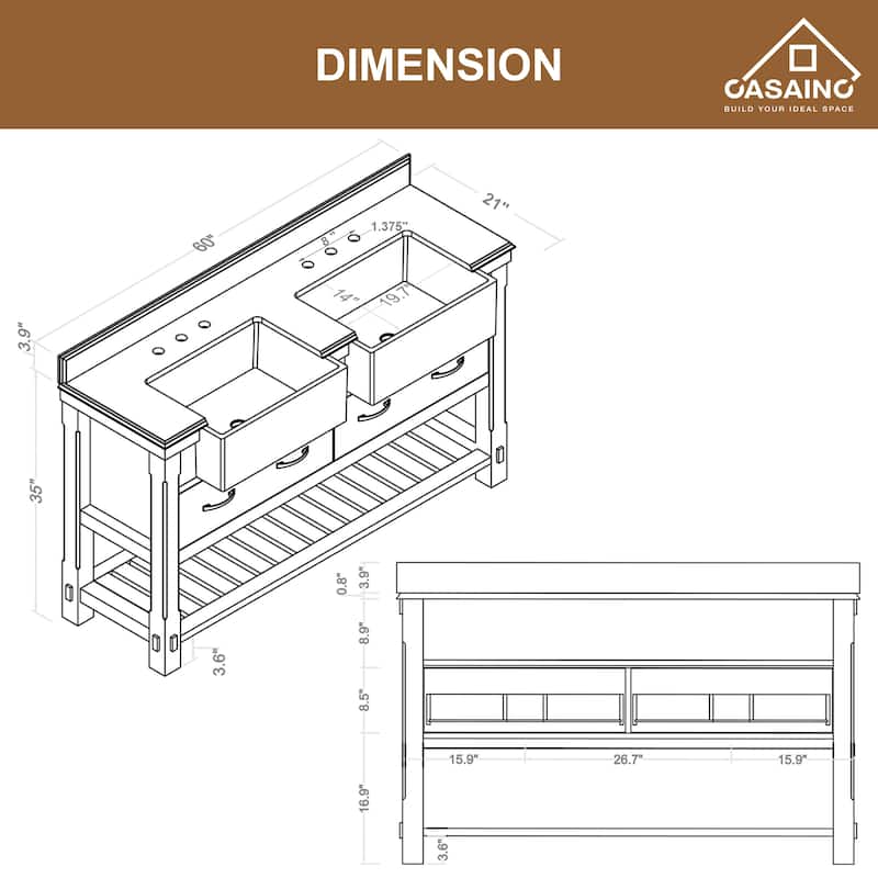CASAINC 36"48"60" Farmhouse Bathroom Vanity with Sink in Grey