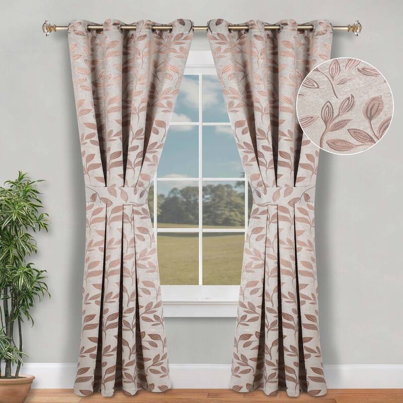 Superior Leaves Machine Washable Room Darkening Grommet With Ties Blackout Curtains, Set of 2