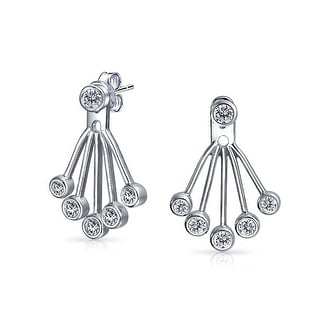 Minimalist Geometric Round Bezel CZ Studs Fan Removable Ear Jacket Drop Earrings For Women Front Back Sterling Silver