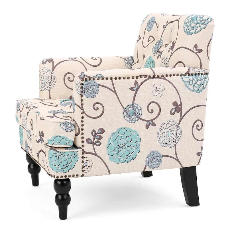 Lit Club Chair, Beige Tufted Floral Upholstery, Nailhead Brown Wood