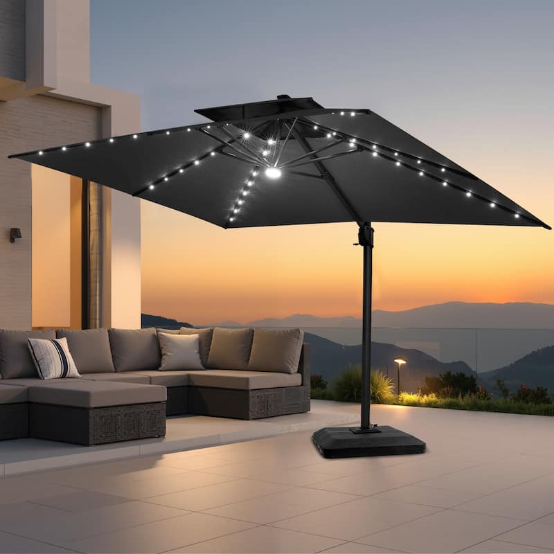 Pellebant 10 x 13FT Outdoor Rectangular Cantilever Patio Umbrella Solar LED Lighted with Premium Base - Black