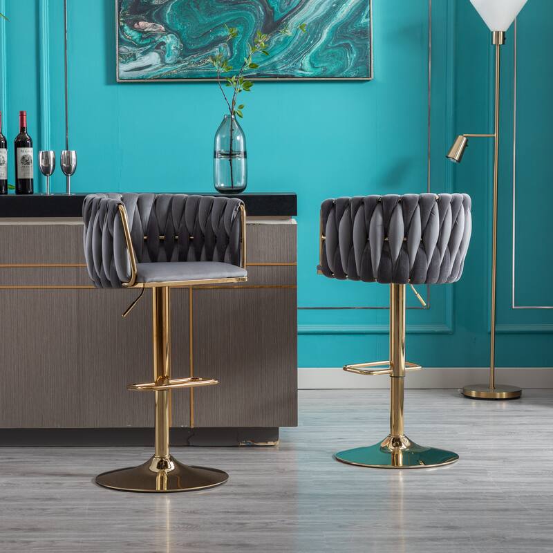 Set of 2 Bar Stools with Chrome Footrest and Base Swivel Height Adjustable Mechanical Lifting Velvet, Simple Bar Stoo