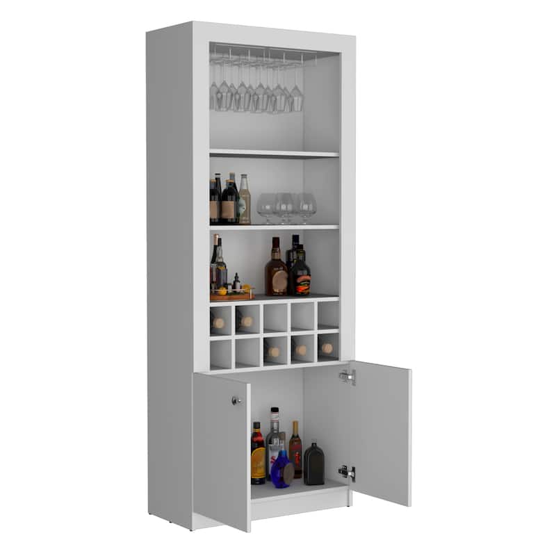 74"Tall 4-Tier Modern Bar Cabinet with Glass Holder Stemware Rack,Wine Cabinet,Liquor Cabinet,10 Bottle Cubbies and 4 Shelves