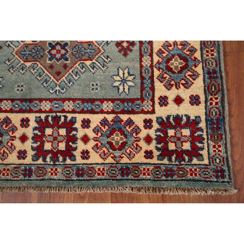 Light Blue Geometric Kazak Accent Rug Hand-Knotted Wool Carpet - 2'7" x 4'3"