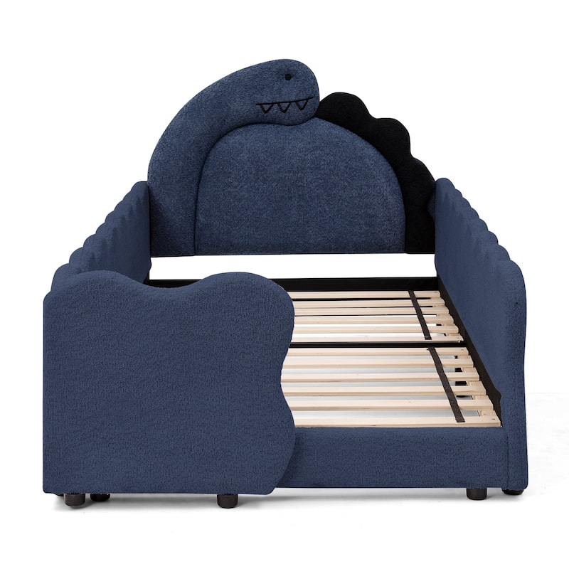 Twin Dinosaur-Shaped Kids Bed with Safety Guardrail - Solid Wood Toddler Bed Frame in Boucle Fabric