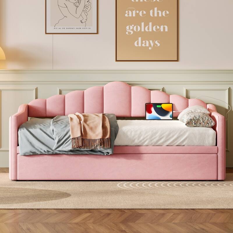 Modern Upholstered Adjustable Height Pop Up Trundle Twin Daybed with Type-C Charging Port
