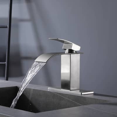 Brushed nickel waterfall Bathroom Faucet brass with plate and brass pop up drain and cover plate - 7'6" x 9'6"