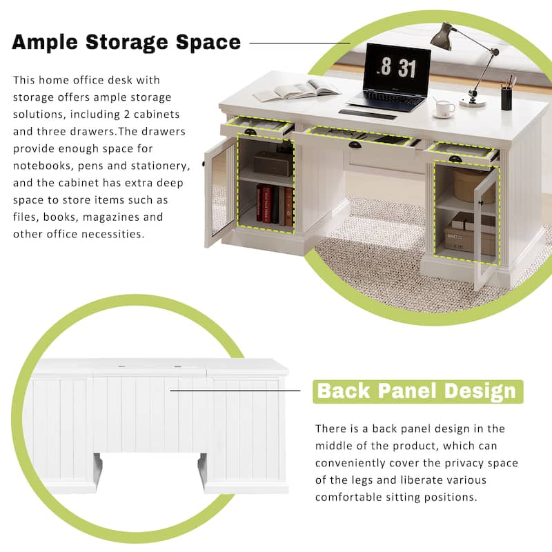 67-Inch Modern Executive Computer Desk with 2 Glass Doors Storage Cabinet & 3 Drawers
