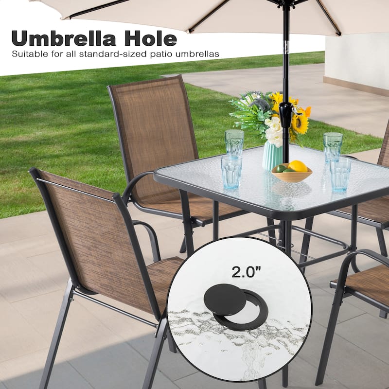 5-Piece Outdoor Dining Set, Textilene Stackable Chairs ang Square Table with Umbrella Hole