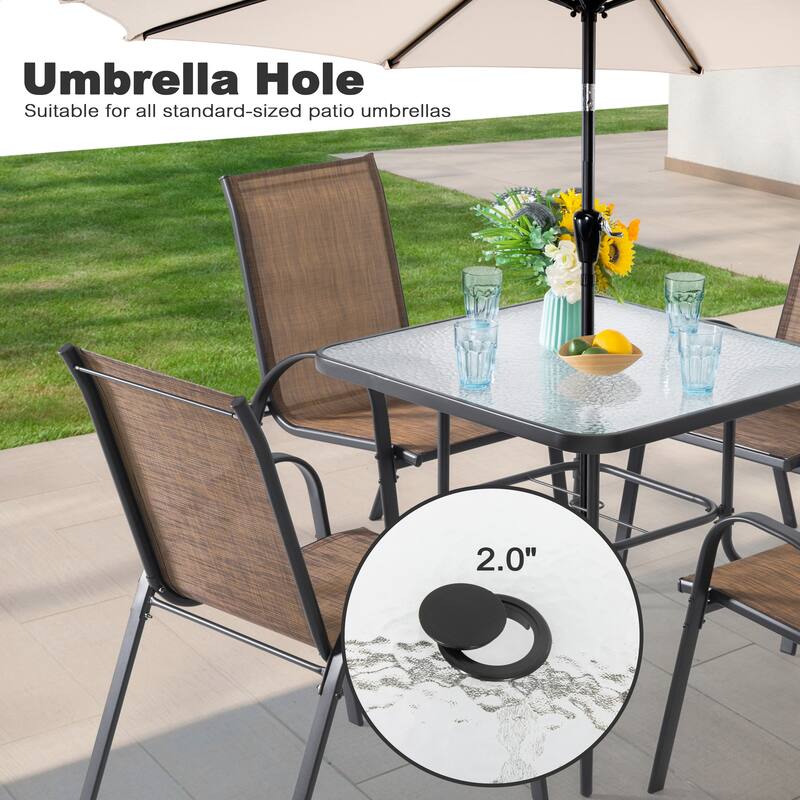 Square Metal Outdoor Dining Table with Umbrella Hole and Tempered Glass Tabletop, Black
