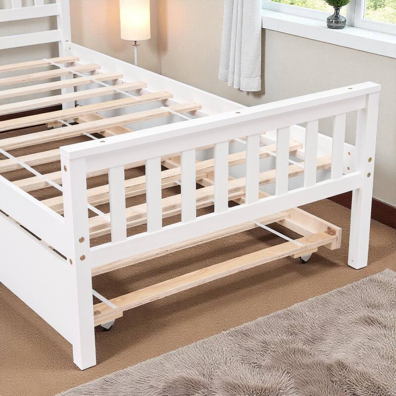 Twin Size Wooden Platform Bed with Trundle, Headboard and Footboard, Space-Saving Design for Guest or Small Bedroom