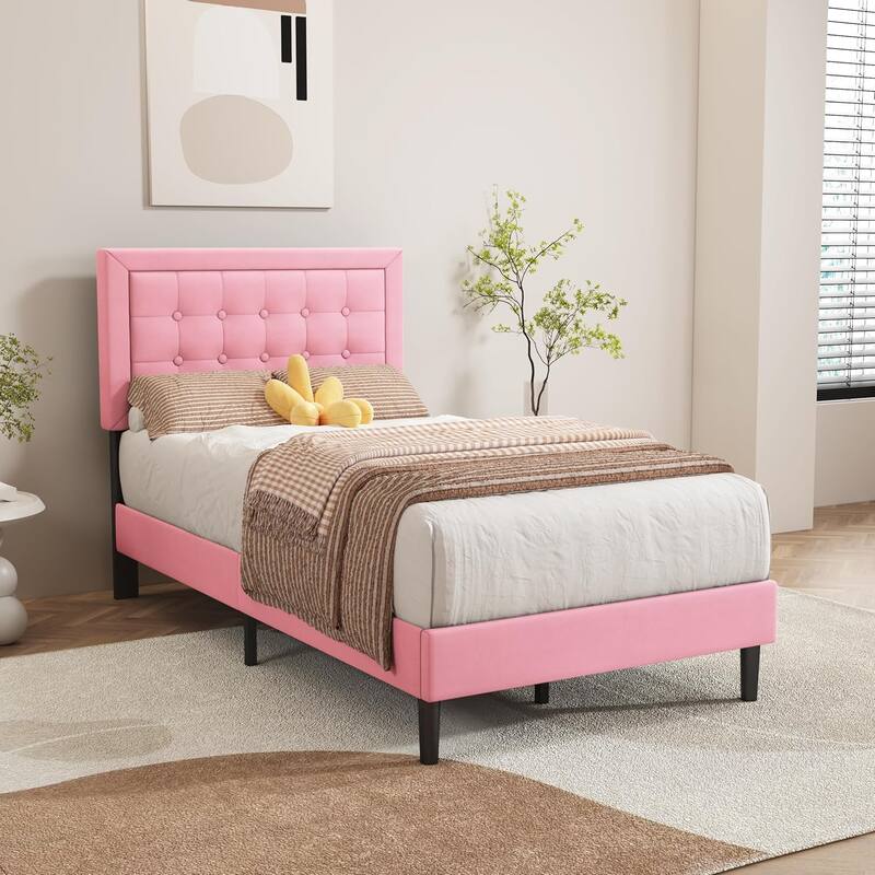 alazyhome Upholstered Platform Bed Frame with Button Tufting Headboard