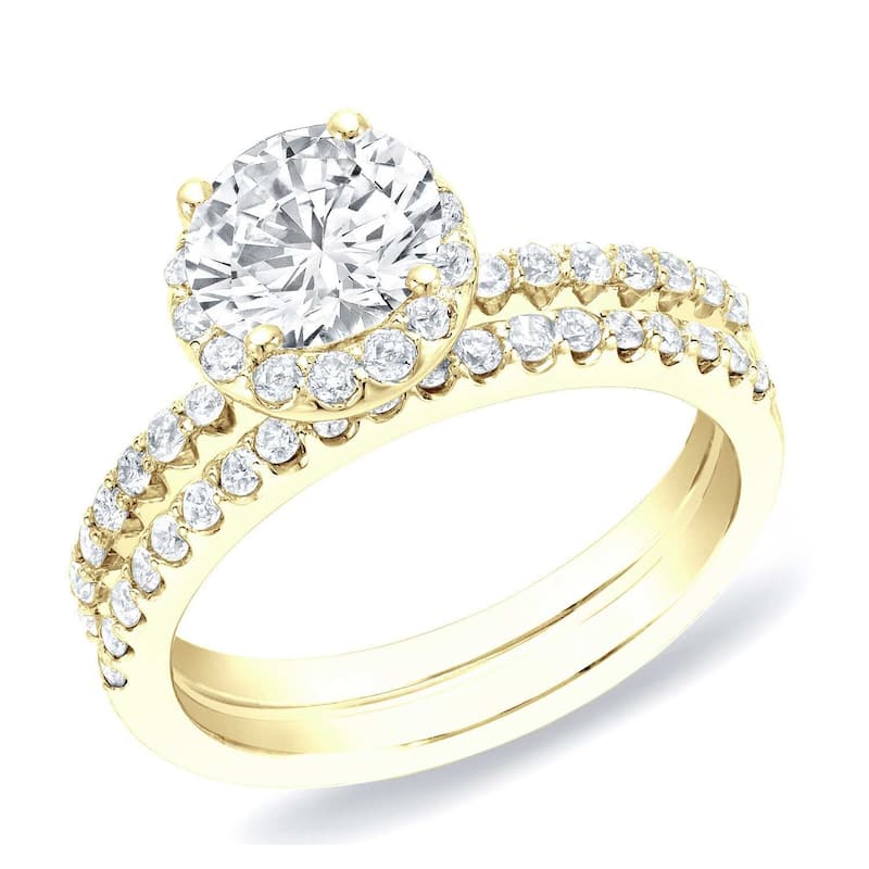 Auriya 14k Gold 1 1/4ctw Round Diamond Halo Engagement Ring Set - Yellow - 4