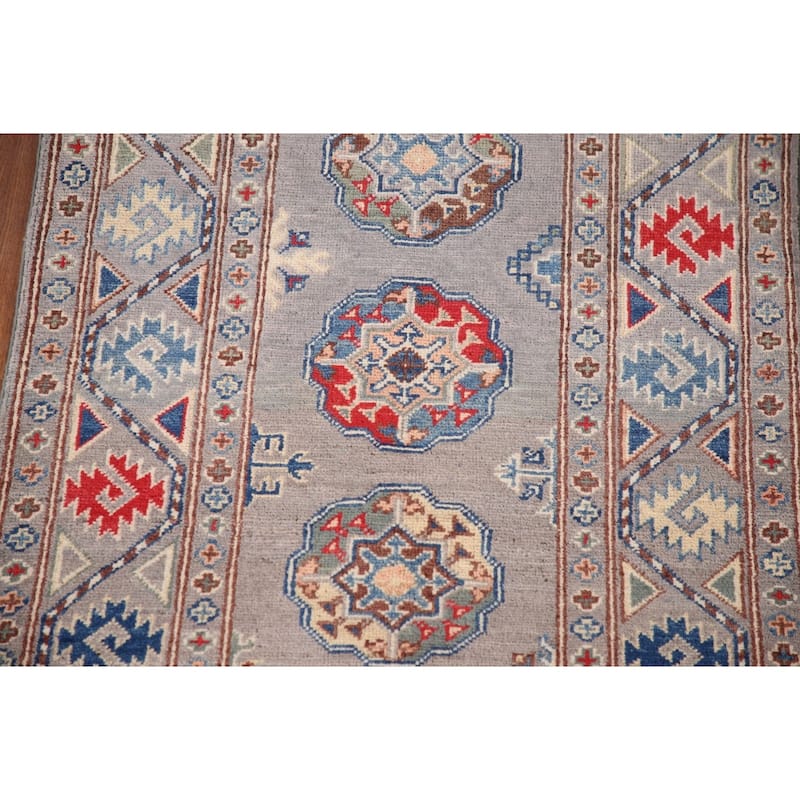 Geometric Kazak Oriental Accent Rug Hand-Knotted Grey Wool Carpet - 2'7"x 4'1"