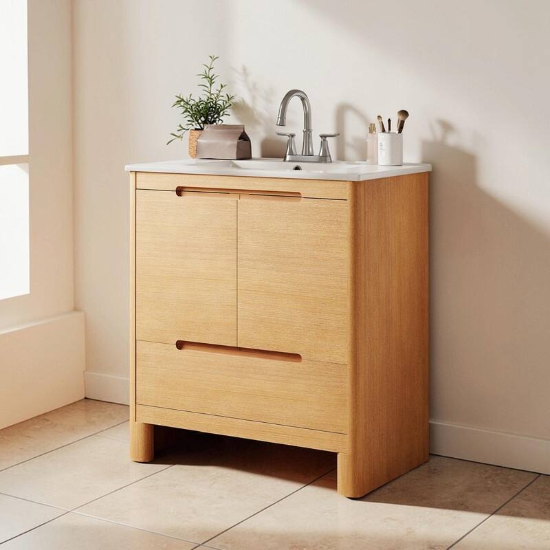 30 Inch Modern Bathroom Vanity with Ceramic Sink, Natural Wood Grain Cabinet, Solid Wood Frame