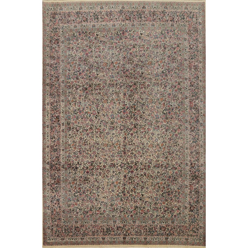 Hand Knotted Oriental 100% Wool Carpet Traditional All-Over Beige & Ivories Kerman Area Rug - 14' 0'' X 9' 11''