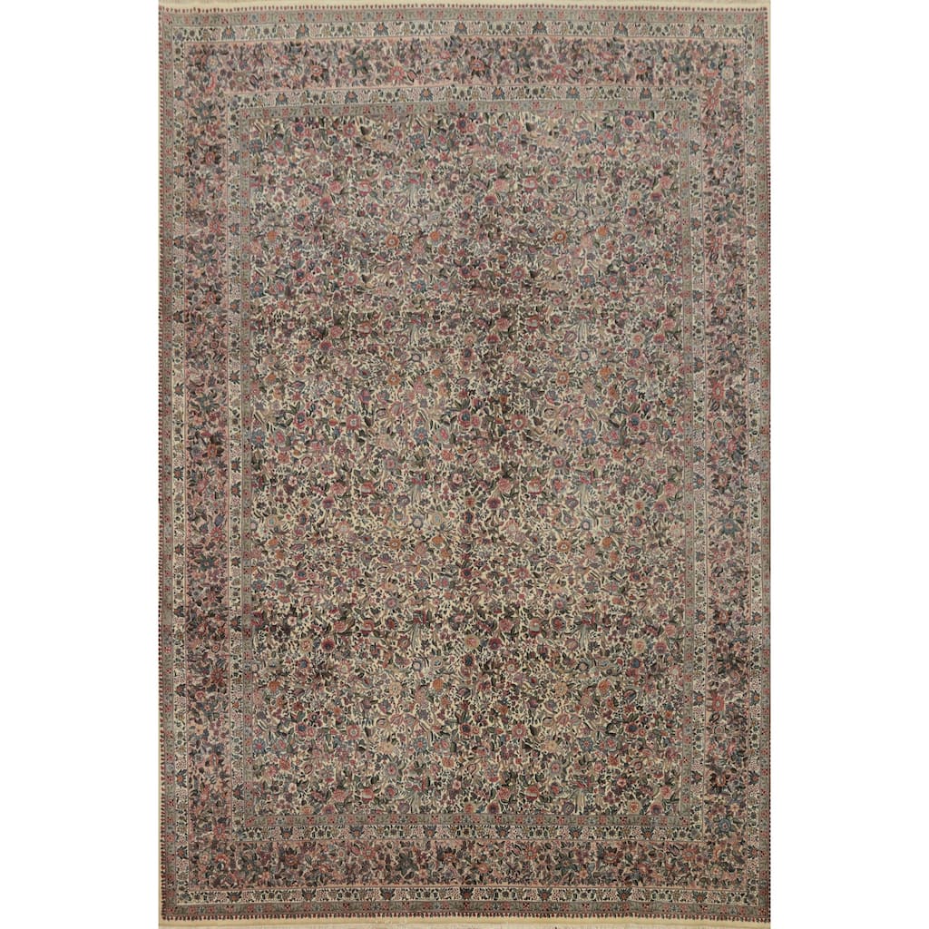 Hand Knotted Oriental 100% Wool Carpet Traditional All-Over Beige & Ivories Kerman Area Rug - 14' 0'' X 9' 11''