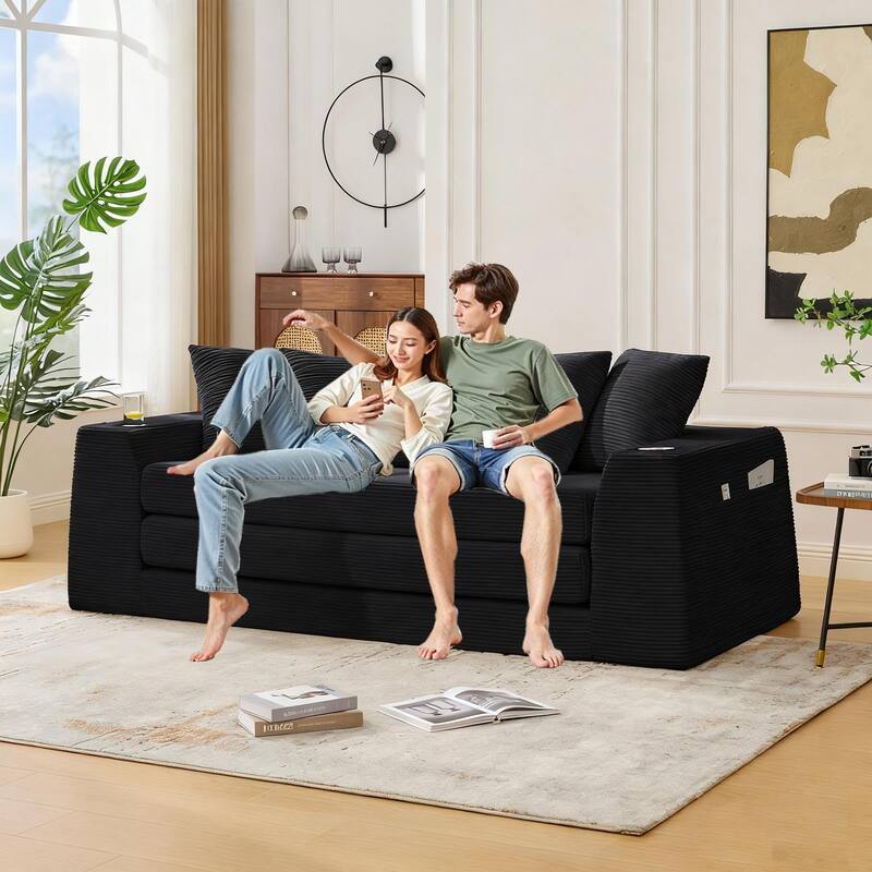 2 in 1 Convertible Sofa Bed, Sleeper Sofa with Storage Pockets, Pull Out Loveseat Couch with Two Cup Holders