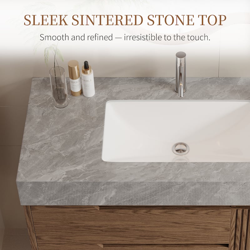 36"Mid Century Modern Wall-Mounted Bathroom Vanities,Single Sink,Brown Wood Texture with Sintered Stone Table top
