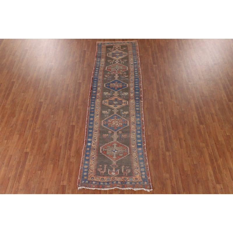 Tribal Ardebil Persian Vintage Runner Rug Handmade Wool Carpet - 3'3"x 11'1"
