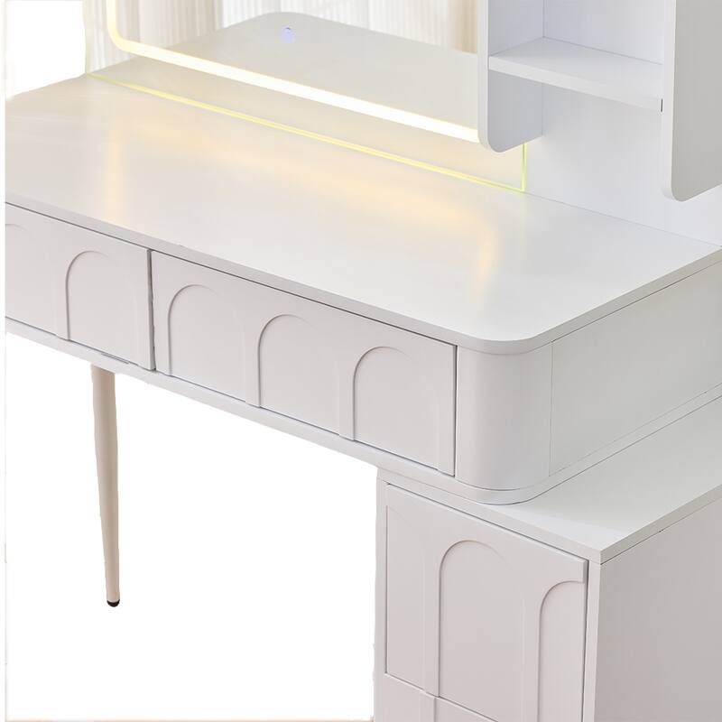 Modern Makeup Vanity Desk with LED Lights & Mirror, Extendable Dressing Table Set with Stool, 4 Drawer & Side Cabinet