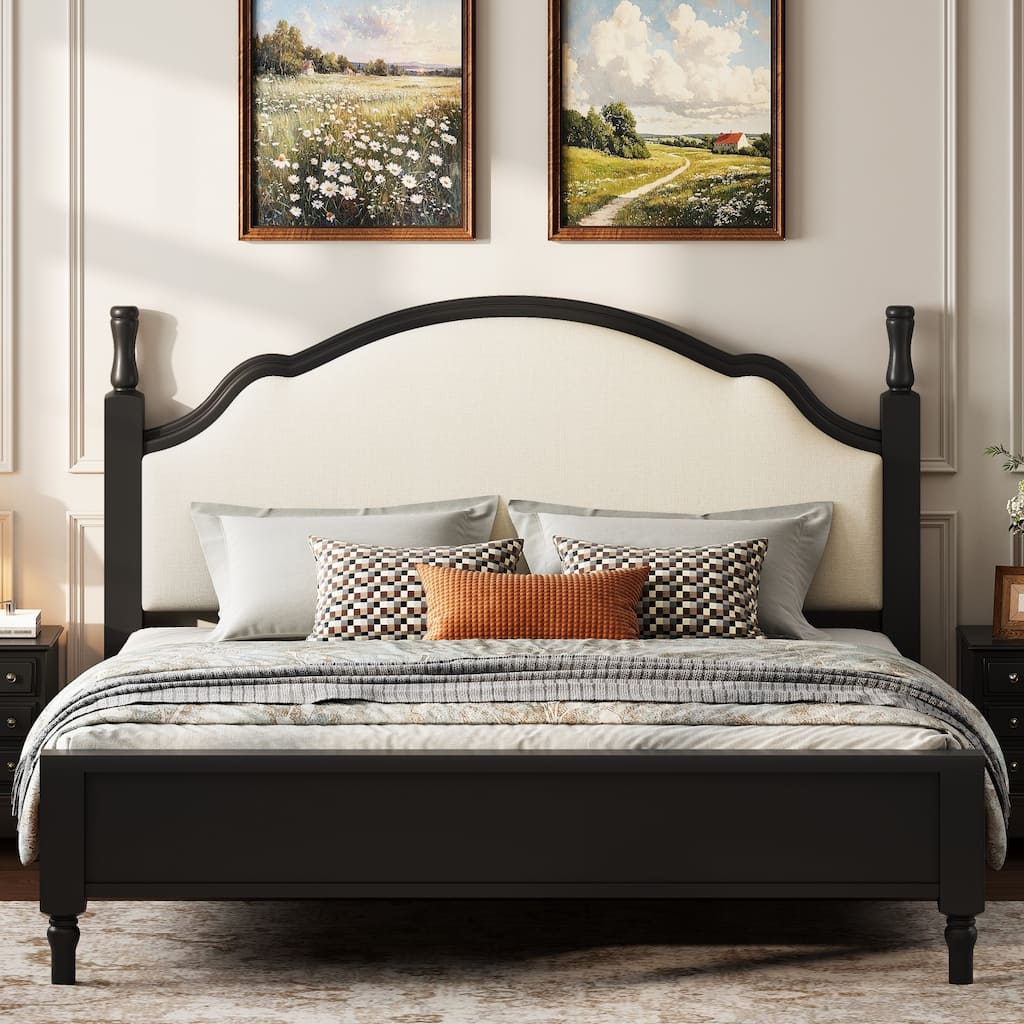 GDFStudio Orion Wren Wood Platform Bed Sturdy Pine Frame with Upholstered Headboard