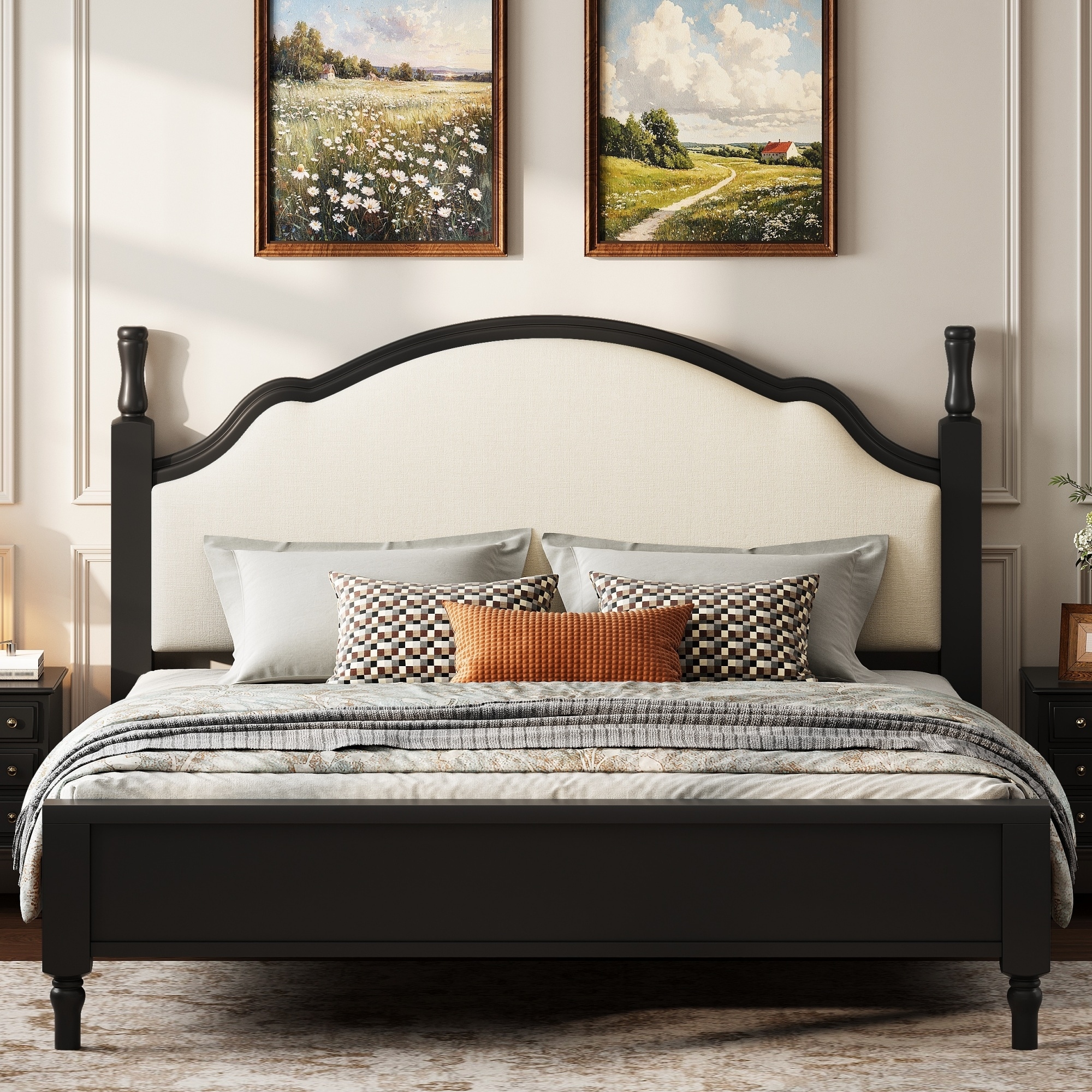 GDFStudio Orion Wren Wood Platform Bed Sturdy Pine Frame with Upholstered Headboard