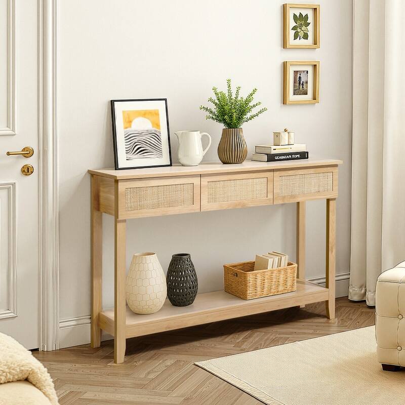 Wood Color 2-layer 3-draw MDF 130 * 30 * 81cm Rattan Surface Entrance Table