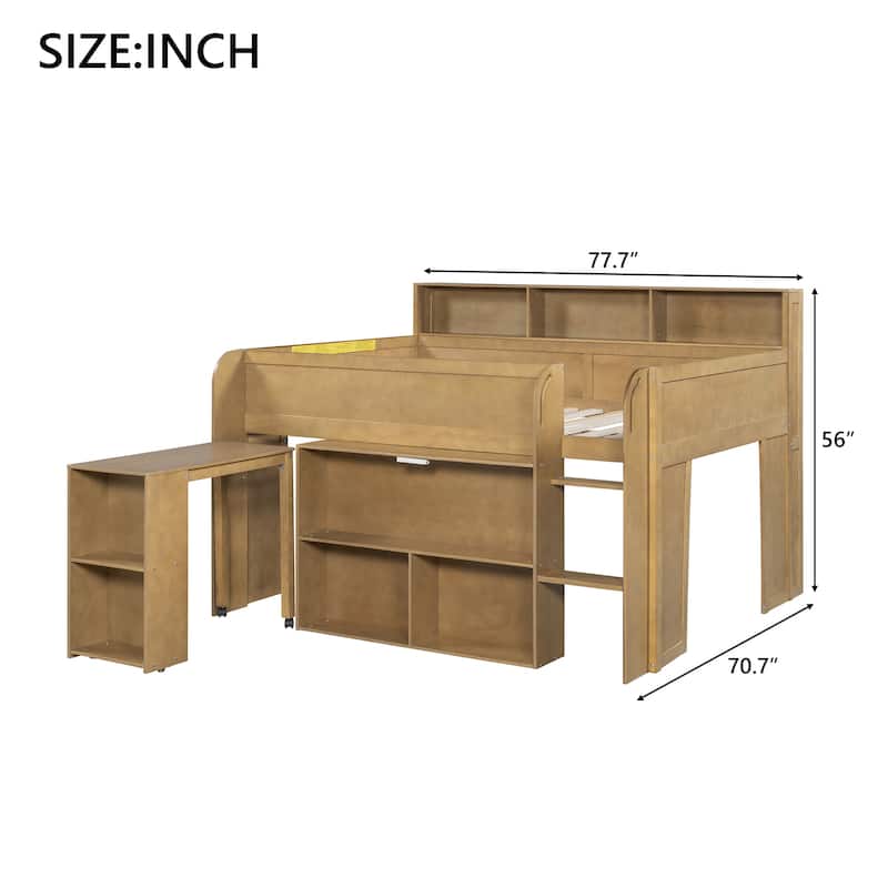 Full Size Wood Kids Loft Bed Frame with Pull-out Desk, Multiple Storage Bookshelf Built-in LED